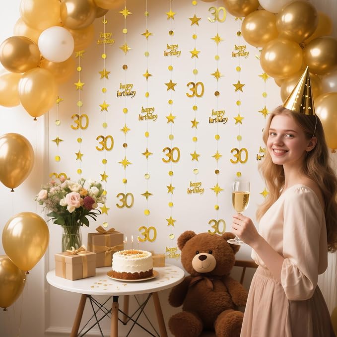 GCQQ Gold 30th Birthday Decoration -4 Packs Gold Happy Birthday Circle Dot Star Garland 46FT Metallic Hanging Streamer Banner Decorations for Her 30 Dirty Thirty BirthdayTheme Party Decor, Pre-Strung
