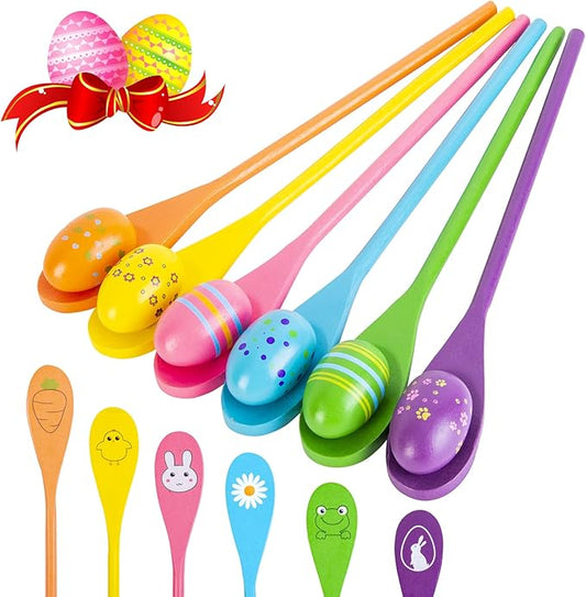 LYUBASA 12PCS Easter Egg and Spoon Race Game Set,6 Players, Easter Party Favor for Kids and Family Activity Lawn Games Party Supplies Outdoor Fun Games, Classroom Activities Easter Games