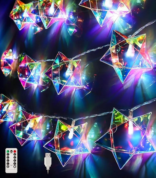 AceList Iridescent Decor 10Ft Star String Lights 20 LED USB/Battery Operated String Lights Indoor/Outdoor, Holographic Decor for Christmas Birthday Party Tent(White)