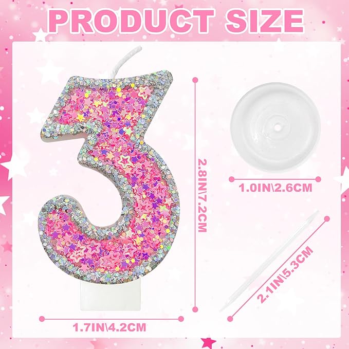 Number 3 Birthday Candle for Cake – Silver Glitter Edge with Pink Star Confetti – Decorative Number Cake Topper for Anniversary & Celebration Party Decor