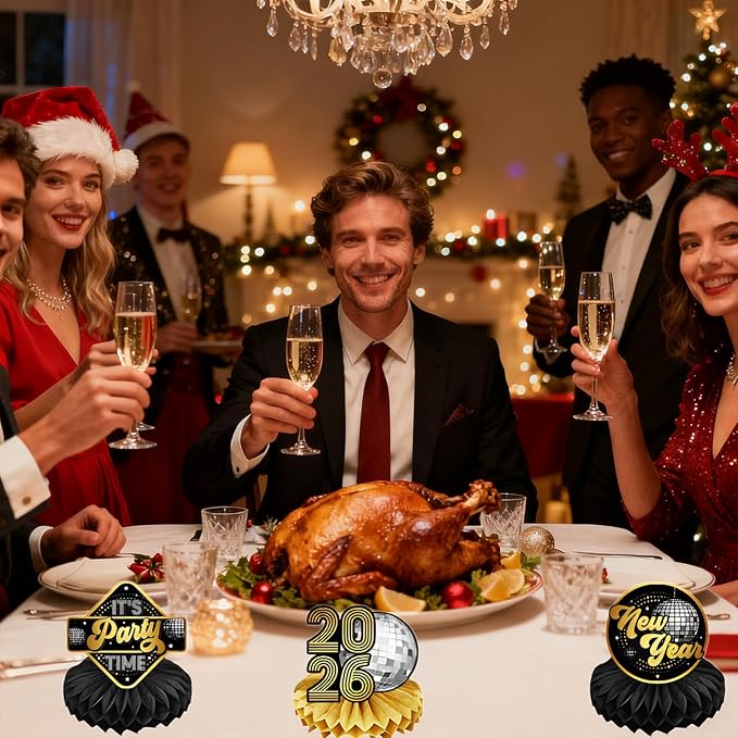 Happy New Years Decorations 2026 Honeycomb Table Centerpieces, 9 Pack Black Silver and Gold Themed Table Toppers for New Year Eve Party Decor Supplies Home Dinning Room Event Party Favors
