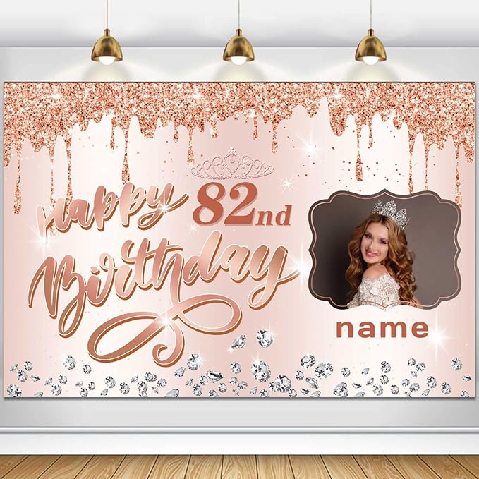 Customizable Rose Gold Happy 82nd Birthday Decoration Banner - Personalized with Name and Photo