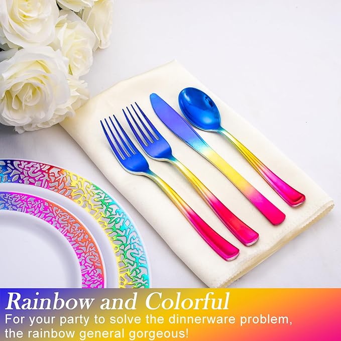 Supernal 120pcs Unique Rainbow Plastic Silverware Set - 3-in-1 Blue Pink Gold Ombre Cutlery (40 Forks, 40 Spoons, 40 Knives) - Heavy Duty Colorful Utensils for Birthday, Unicorn, Trolls Party Decor