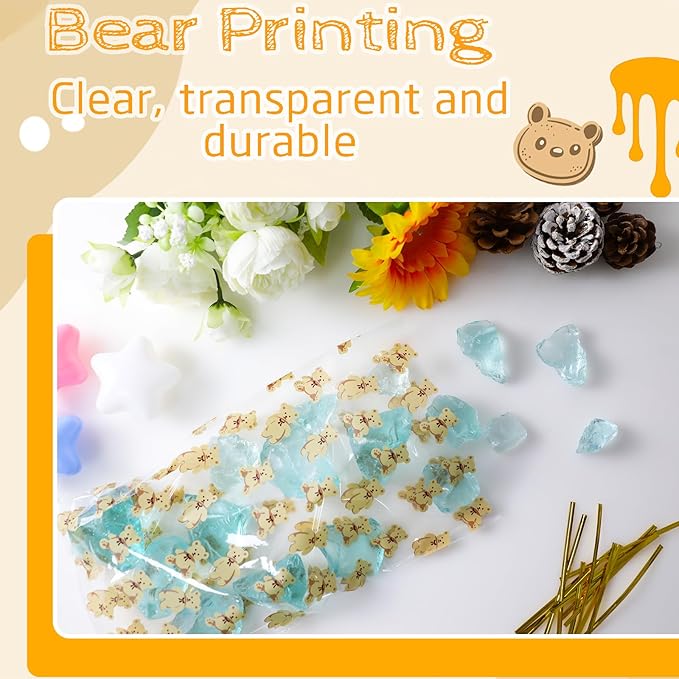 LEOSINDA100 Pcs Clear Cellophane Treat Bags 7 X 12 Inch Bear Valentine Cellophane Candy Bags with Twist Ties for Valentine's Day and Birthday Favors Gift Cookie Weddings Packing Party Favor Supplies