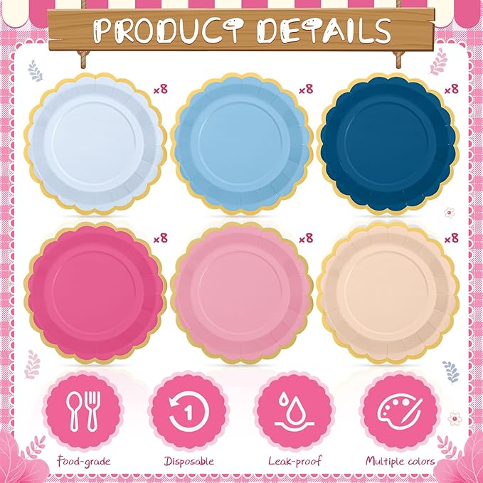 48 Pcs Pink Navy Blue Paper Plates 9 Inch Gradient Scalloped Paper Plates Disposable Dinner Dessert for Dancing Queen Birthday Wedding Bridal Party Supplies, 6 Colors