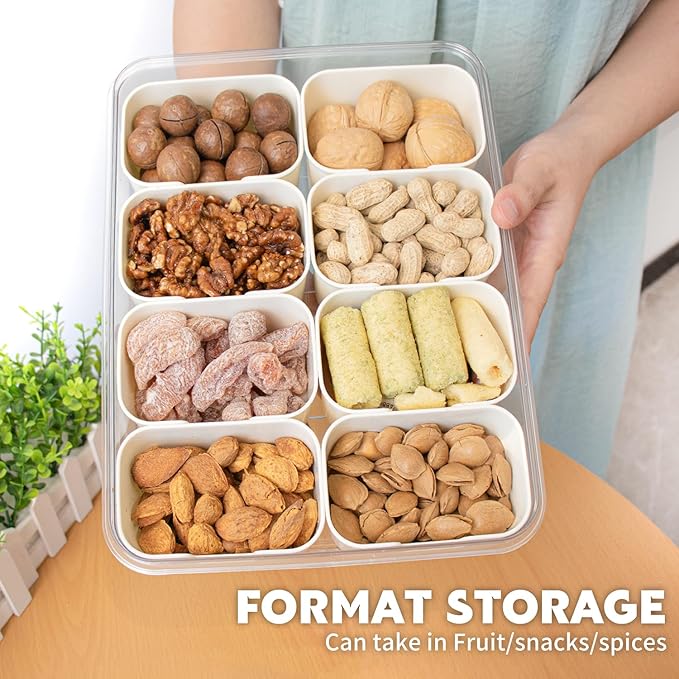 Divided Serving Tray with Lid and Handle,8 Compartments Snacks Box,Snack Fruit Tray,Veggie Tray,Portable Platter for Candy Fruits Nuts Snack Party Entertaining Picnic(2 PCS)