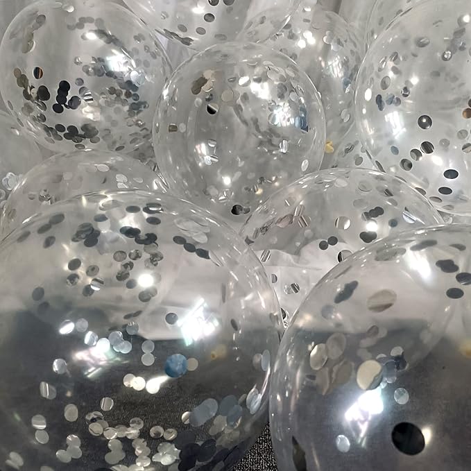 KIRIKOU Pack of 24 Pieces Confetti Balloons 12 Inch Latex Party Balloons for Party Decorations, Wedding, Engagement, Bridal, Birthday and Shower (Silver)