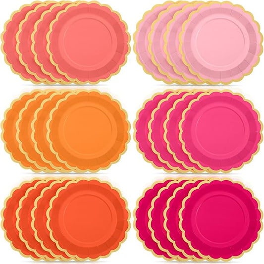 48 Pcs Pink and Orange Paper Plates 9 Inch Scalloped Paper Plates Disposable Dinner Dessert for Birthday Wedding Bridal Party Supplies, 6 Colors