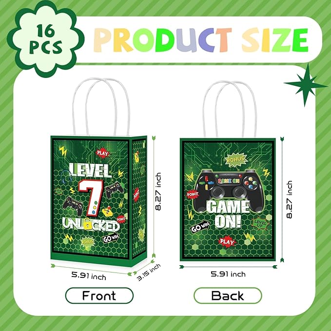 Grencian 16 PCS Video Game 7th Birthday Party Favor Bags Green Video Game Candy Treat Gift Goodie Bags with Handles Level 7 Birthday Decorations for Boys Kids 7 Year Old Video Gamer Party Decorations