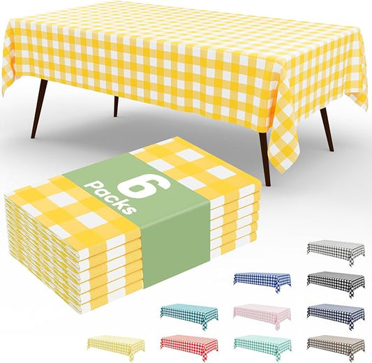 Smiry 6 Pack Yellow Gingham Disposable Tablecloths - 54" x 108" Heavy Duty Plastic Table Cloth, Waterproof Buffalo Plaid Table Covers for Picnic, Banquets, Outdoor Parties