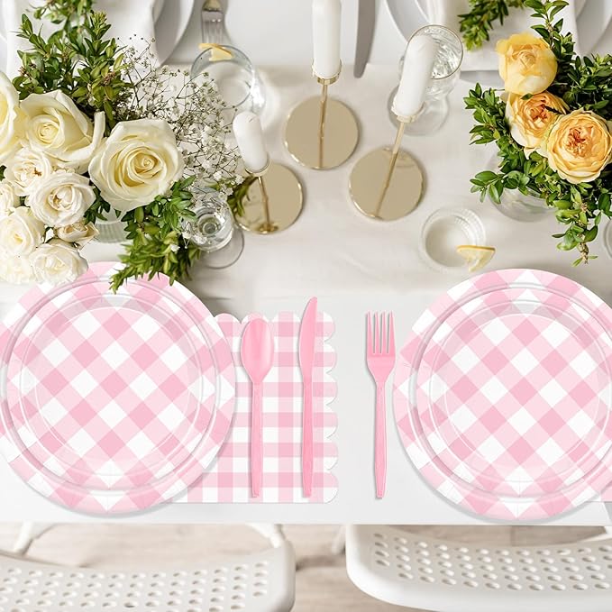 175 Pcs Pink Gingham Party Supplies for 25 Guests, Pink and White Checkered Paper Plates, Cups and Napkins Sets for Baby & Bridal Shower, Wedding, Birthday Party, Outdoor Picnic