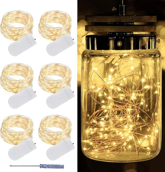 LAMPHOME 6 Pack Warm White Fairy Lights Battery Operated, 7ft 20 LED Valentine's Day Decoration String Lights Copper Wire Firefly Starry Lights for Mason Jars Wedding Party centerpieces for Tables