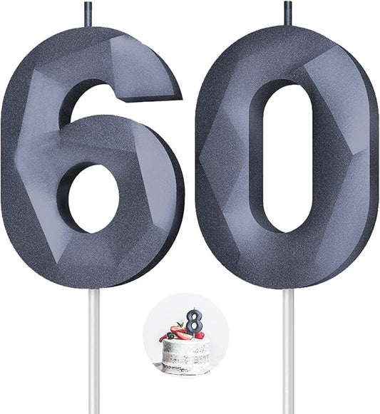 Number Birthday Candles(60 Candle Black) 3D Diamond Shape 60th Happy Birthday Cake Topper Decorations for Women Men Birthday Wedding Anniversary Celebration Theme Party Supplies