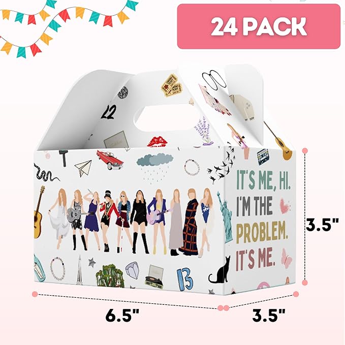 Echoglimmer 24 PCS Taylor Party Favors Boxes Goodie Bags | Popular Music Goodies Boxes with Handles | Birthday Party Favors | Music Singer Taylor Themed Favors