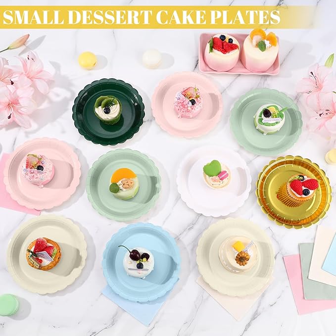 NatNarr 30 Pcs Dessert Plates Disposable, 7 Inch Ivory Paper Plates Scalloped Small Cake Appetizer Birthday Plate Cream Party Plate for Wedding, Baby Bridal Shower