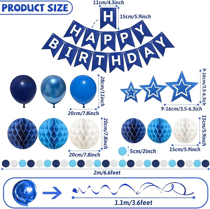 ZERODECO Birthday Decorations, Easy to Assemble Blue Happy Birthday Banner with Honeycomb Ball, Balloon, Hanging Swirl Streamer, Garland, Happy Birthday Party Decorations for Women Men Boys Girls