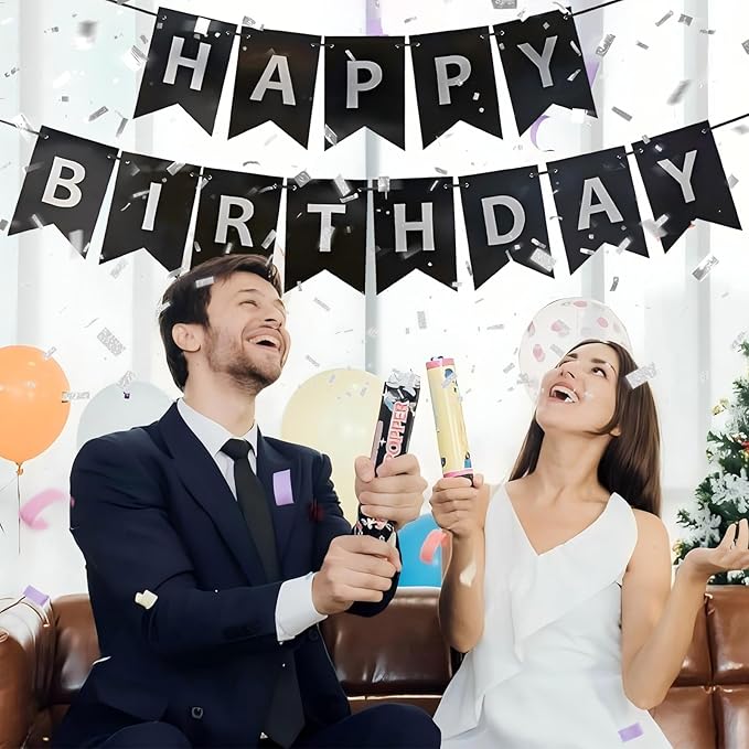 Black Happy Birthday Banner,Pre-Strung Black and Silver Birthday Party Decorations,16ft Hanging Sign for Kids, Girls, Boys, Women – No DIY, Backdrop Supplies