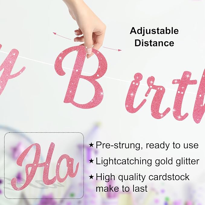 Pre-Strung Happy Birthday Banner, NO DIY Birthday Decorations with Circle Dot Garland and Flowers, Happy Birthday Party Decorations for Women Girls (Pink)