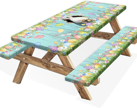 Easter Picnic Table Cover with Bench Covers, Cute Bunny Flower Blue Wooden Board Camping Tablecloth, Waterproof Windproof, Fitted Tablecloth Cover with Elastic Edge, for Outdoor, 3 PCS, 30x96 Inch