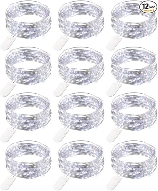 12 Pack Fairy Lights Battery Operated String Lights，7FT 20LED Waterproof Silver Wire Christmas Lights Outdoor,Firefly Mini Lights for Bedroom Party Birthday Wedding Indoor Decorations.