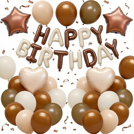 Cream Brown Birthday Decorations,Brown and Nude Balloons Happy Birthdays Banner Balloon Heart and Star Foil Balloons for Men Boy Birthday Baby Shower Party Decorations