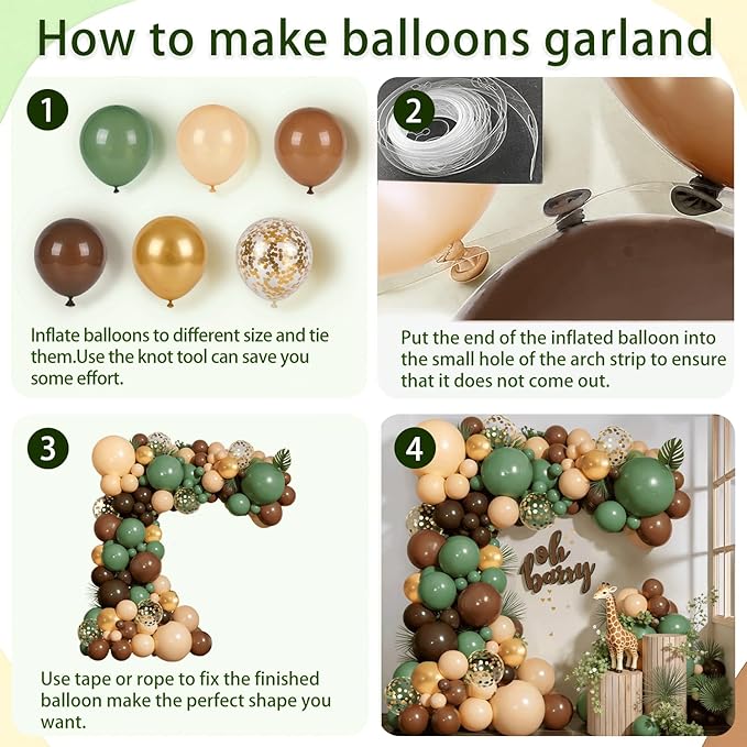 Sage Green Brown Balloons Arch Kit, Woodland Safari Balloon Garland with Sage Green Dark Brown Nude Metallic Gold Confetti Latex Balloons Garland for Birthday Party Jungle Dinosaur Forest Decorations