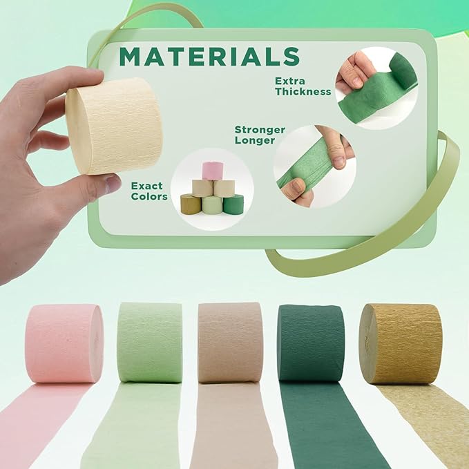 Crepe Paper Streamers Party Decorations - 6 Rolls Grass Green Gold Pink Olive Green Beige Khaki Streamers, Crepe Paper Rolls for Birthday Wedding Party