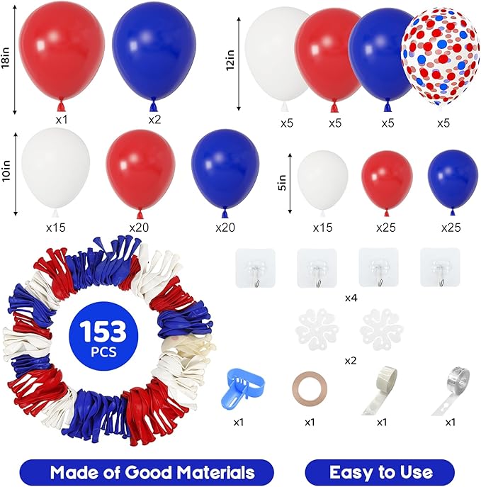 Amandir 153Pcs Red White and Blue Balloons Garland Arch Kit Different Sizes 18 12 10 5inch Latex Memorial Day 4th of July Balloons Patriotic Independence Nautical Birthday Graduation Party Decorations