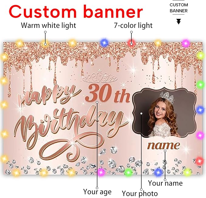 Custom Rose Gold Happy Birthday Backdrop for Girls Women,Personalization Rose Gold Happy Birthday Banner Glitter Diamond Birthday Backdrop Sweet Princess Birthday Photography Background