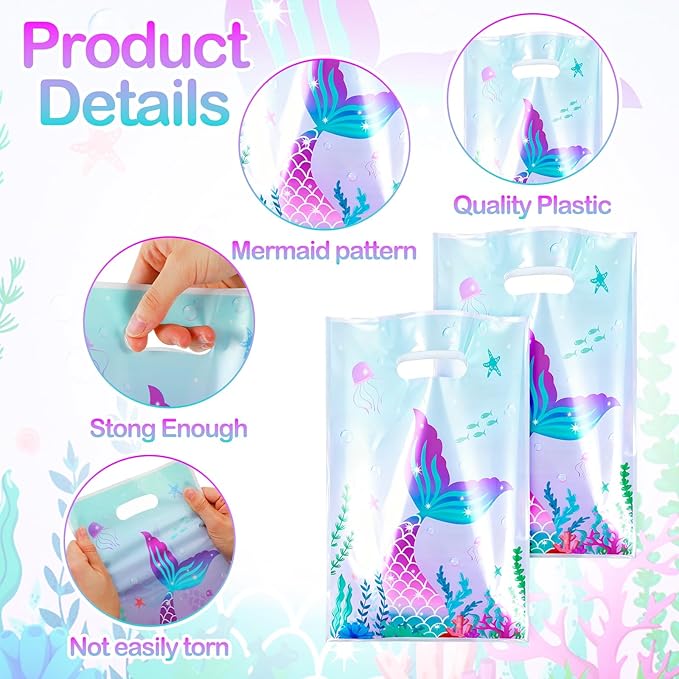 Matwsec 50 Pcs Mermaid Goodie Bags Plastic Gift Bag Christmas for Party Favor Under The Sea Goodie Bag Mermaid Tail Treat Bags with Handles for Candy Girls Kids Birthday