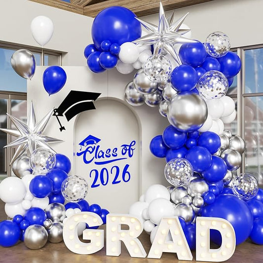 Blue White Silver Balloon Arch Kit, 130Pcs Blue and Silver Graduation Decorations with Foil Star Silver Confetti Balloons for College High School Graduation Decorations Class of 2026