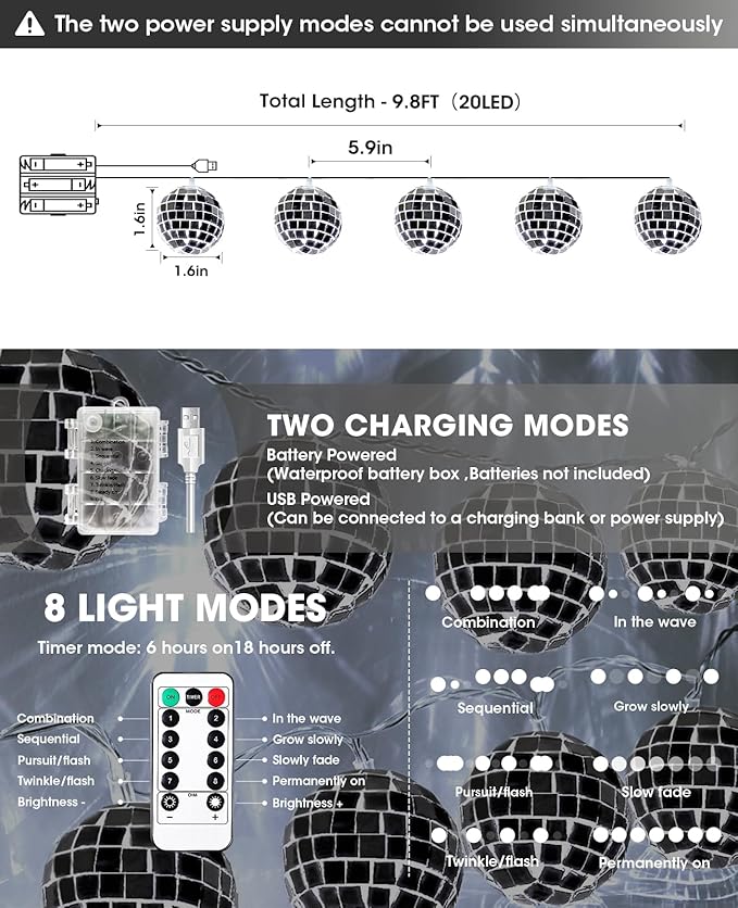 AceList 20 LED 9.8Ft Disco Ball String Light - Battery Powered and USB Plug, Black Disco Ball Light for Halloween Birthday Party Decorations Haunted House Decorations