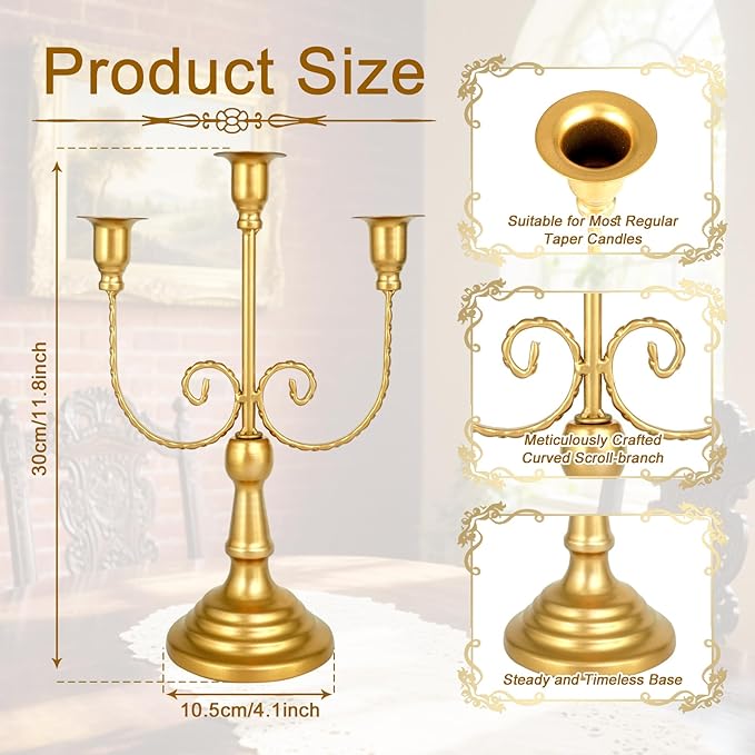 8 Pcs Gold Candelabra 12 Inch 3 Arm Metal Candle Stand Wedding Candlestick Holder for Table Centerpieces Wedding Birthday Holiday Theme Party