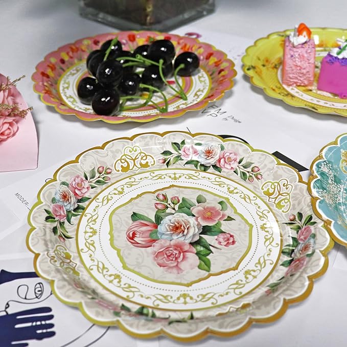 60-Pack Floral Paper Plates, Tea Party Decorations, 9 Inch Disposable Floral Plates for Tea Party, Baby Shower, Bridal Shower, Birthday, Wedding and Any Celebration