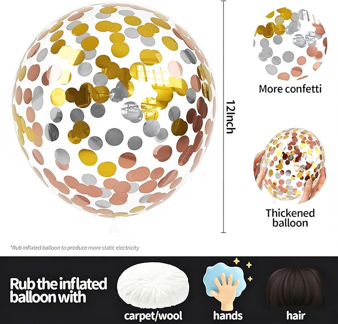VHUWE Gold Silver Rose Gold Confetti Balloons 25 Pcs, 12 Inch Thickened Clear Latex Balloon with Confetti Inside for Birthday Party Baby Shower Graduation Anniversary Engagement Decorations Supplies