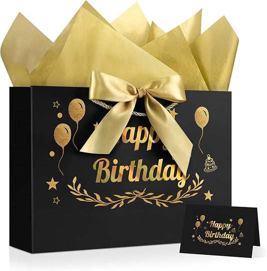 JMANNI Black Gold Happy Birthday Gift Bag with Card and Tissue Paper, 14.2"×9.84"×4.3" Large Present Bag for Men Women, Year Old Birthday Keepsake Party Supplies
