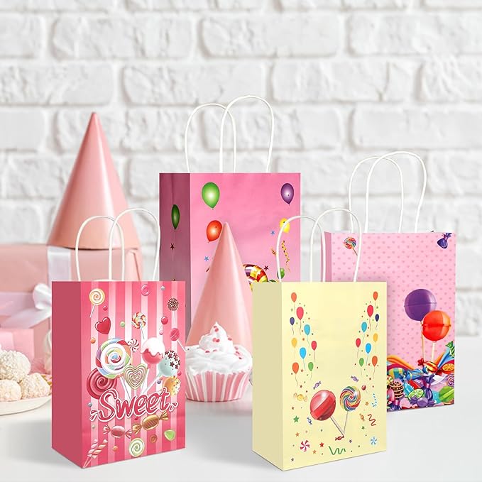 20Pcs Candyland Goodie Bags with Handles, Candy Party Favors Bags, Lollipop Paper Gift Bags, Sweet Candy Party Treat Gift Bags for Kids Birthday Baby Shower Wedding Party Supplies
