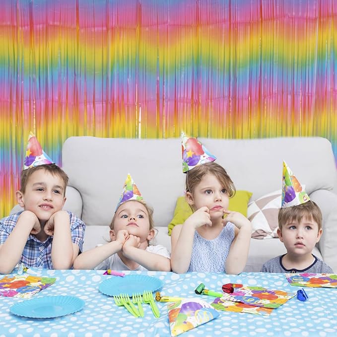 PIGETALE Pastel Rainbow Foil Fringe Curtains, 2Pcs 3.2x8.2ft Metallic Tinsel Foil Streamers Colourful Photo Booths Props Backdrop for Easter Princess Birthday Wedding Engagement Party Decorations