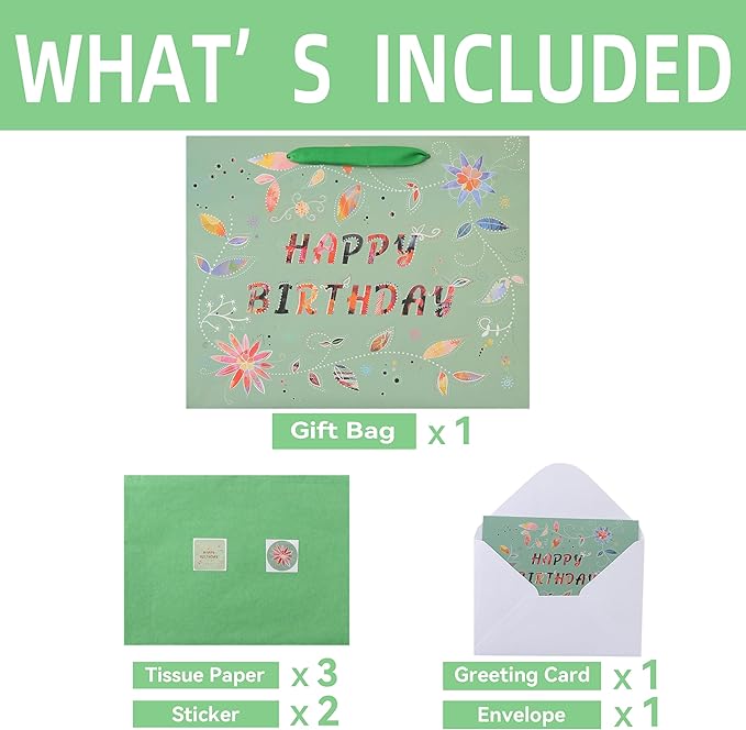 Qirrmiy 13” Large Happy Birthday Gift Bag Set with Handles, Greeting Card, Tissue Papers and Stickers for Women Girls, Green Floral Design, 1 Pcs