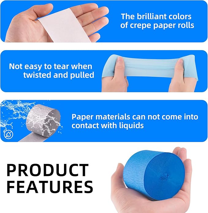 Blue and White Streamers, 2.2" x 123 Ft, 6 Rolls Crepe Paper Streamers Party Supplies for Under The Sea Shark Ocean Themed Birthday Baby Shower Wedding Graduation Decorations, DIY Crafts