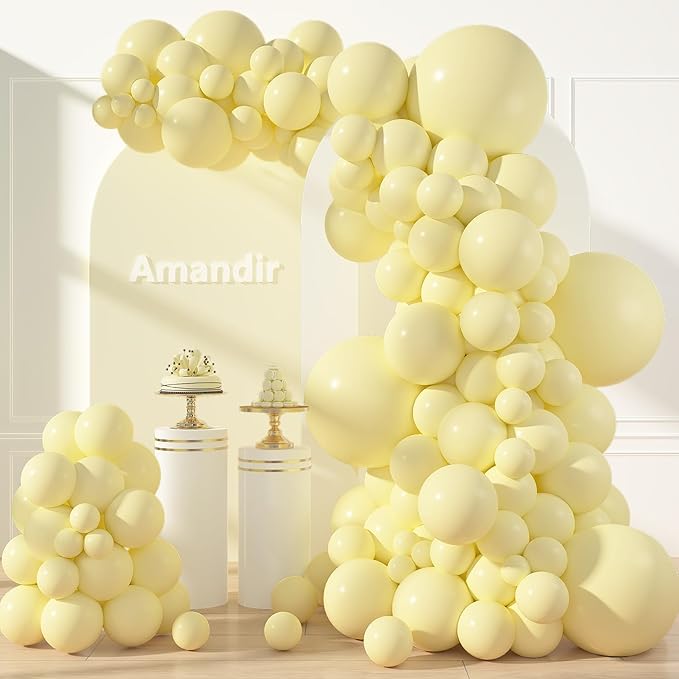 Amandir 153pcs Pastel Yellow Balloons Arch Garland Kit Different Sizes 18 12 10 5 Inch Pale Light Yellow Latex Balloon for Birthday Gender Reveal Wedding Shower Anniversary Easter Party Decorations