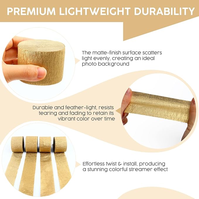 4 Rolls Crepe Paper Gold Streamers – Perfect for Streamers Party Decorations, Wedding, Birthday, Colored Decor, and DIY Craft Supplies(1.8 Inch x 82 Ft/Roll)
