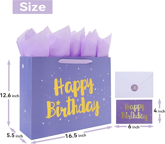 Qirrmiy 16.5” Extra Large Purple Happy Birthday Gift Bag Set with Handles, Greeting Card, Tissue Papers and Stickers for Women Girls Kids, Stars Design, 1 Pcs.