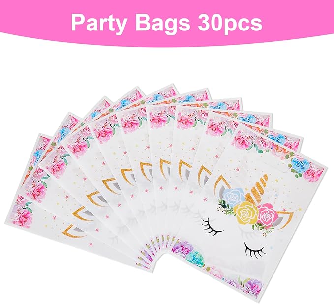 PintreeLand 30PCS Unicorn Party Favor Bags, Plastic Small Goodie Gift Candy Bags with Handle for Birthday Pink Theme Party