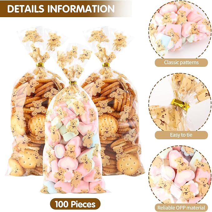 100 Pcs 5 x 11 Inch Clear Cellophane Treat Bags with 100 Gold Twist Ties, Bear Printed Food-Safe Plastic Bags for Gift Wrapping, Birthday, Wedding, Valentine's Day, Party, Classroom Gifts