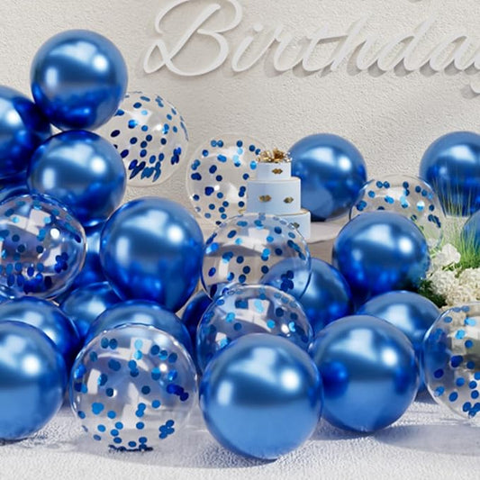 SUWEN Metallic Blue Balloons and Confetti Balloons Set 47PCS Latex Helium Chrome Royal Blue Balloon for Birthday Graduation Party Decorations