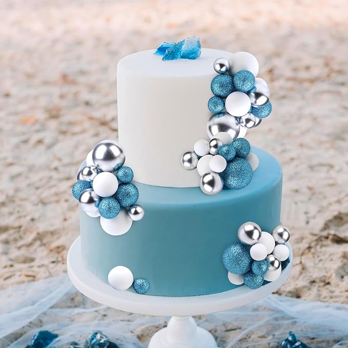 101 Pcs Teal Blue Theme Ball Cake Decorations - Teal Blue Silver White Ball Dessert Picks & Cupcake Toppers, Wedding Bridal Shower Birthday Party Baby Shower Gender Reveal Cake Supplies