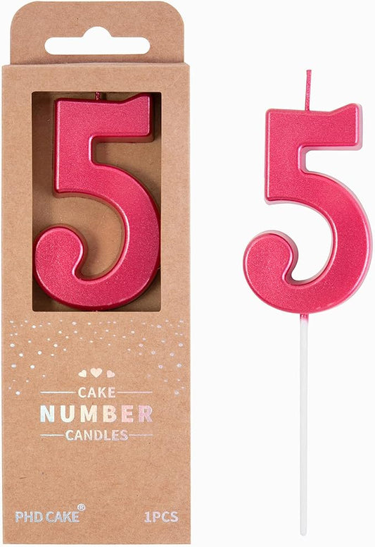 PHD CAKE 2.76 Inch Modern Red 5 Number Birthday Candles, Red Number Candles, Cake Number Candles, Party Celebration