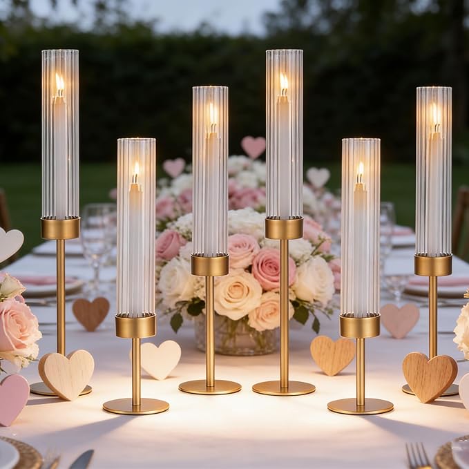 Glass Hurricane Candle Holders Set of 6,Brass Candlestick Holders,Taper Candlestick Holders,Elegant Dining Table Centerpiece for Wedding, Christmas & Home Decor-Ribbed