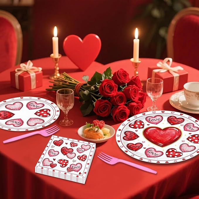96 Pieces Valentine’s Day Tableware Set – Pink Red White Disposable Plates, Napkins, and Forks with Heart Designs for Valentine’s Parties, Weddings, and Romantic Celebrations – Serves 24 Guests